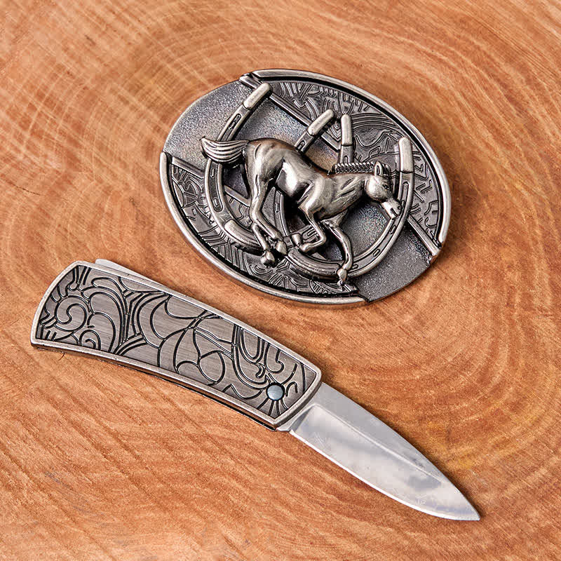 Cintura in pelle con coltello pieghevole nascosto fai da te da uomo a forma di cavallo al galoppo - image 1
