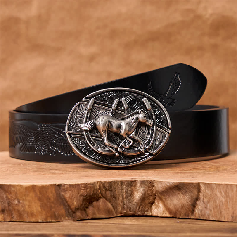 Cintura in pelle con coltello pieghevole nascosto fai da te da uomo con cavallo al galoppo - Cavallo al galoppo - Cintura con aquila in rilievo nera - 42 - image 8