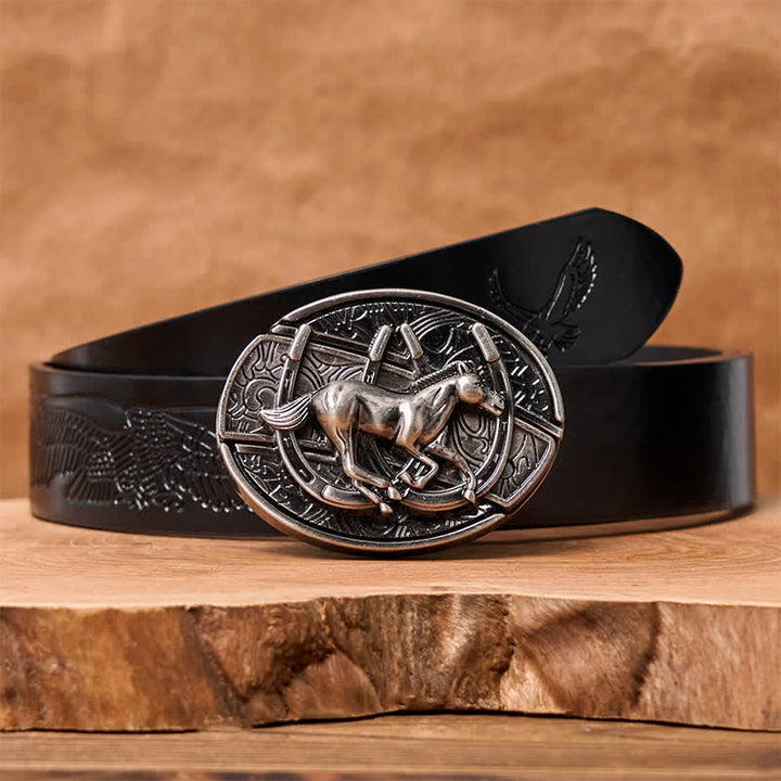 Cintura in pelle con coltello pieghevole nascosto fai da te da uomo con cavallo al galoppo - Cavallo al galoppo - Cintura con aquila in rilievo nera - 42 - image 8