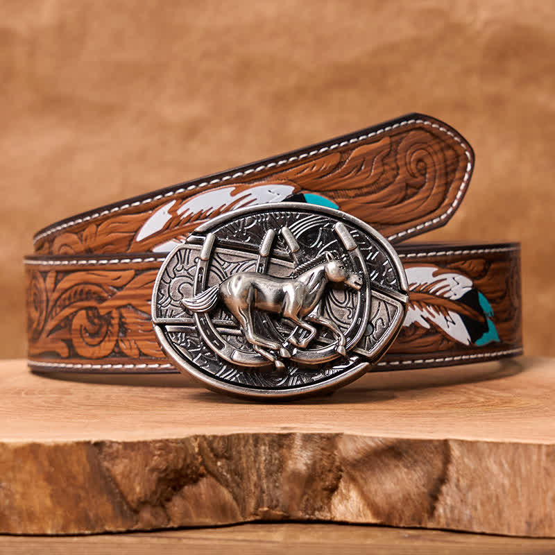 Cintura in pelle con coltello pieghevole nascosto fai da te da uomo a forma di cavallo al galoppo - Cavallo al galoppo - Cintura di piume marroni - 40 - image 12