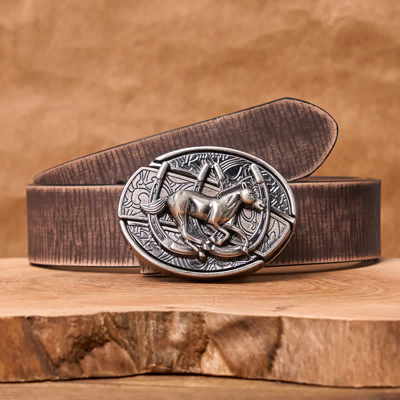 Cintura in pelle con coltello pieghevole nascosto fai da te da uomo a forma di cavallo al galoppo - Cavallo al galoppo - Cintura marrone anticata - 42 - image 11