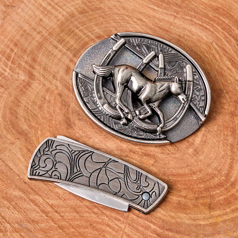 Cintura in pelle con coltello pieghevole nascosto fai da te da uomo a forma di cavallo al galoppo - image 3