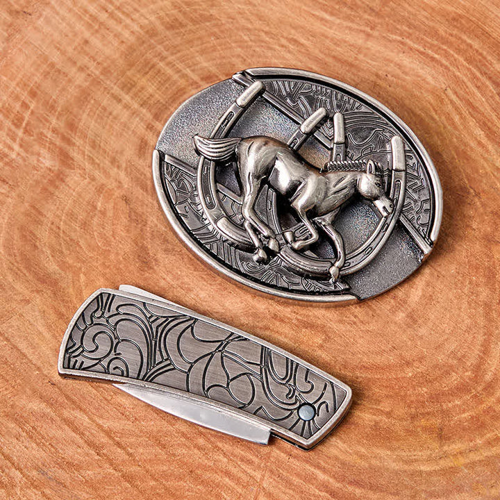 Cintura in pelle con coltello pieghevole nascosto fai da te da uomo a forma di cavallo al galoppo - image 3