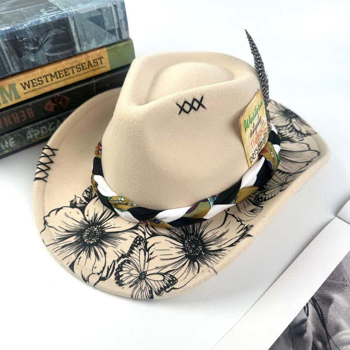 Cappello da cowboy con cinturino etnico decorato con piume di girasole occidentali