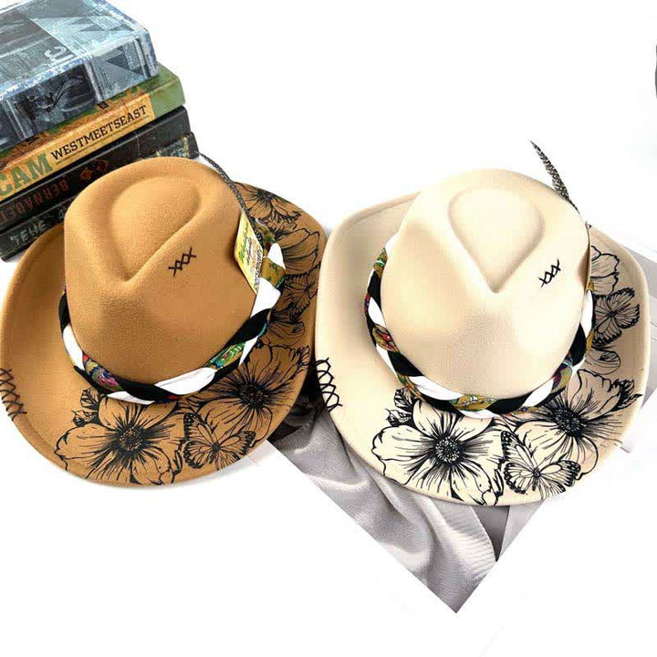 Cappello da cowboy con cinturino etnico decorato con piume di girasole occidentali