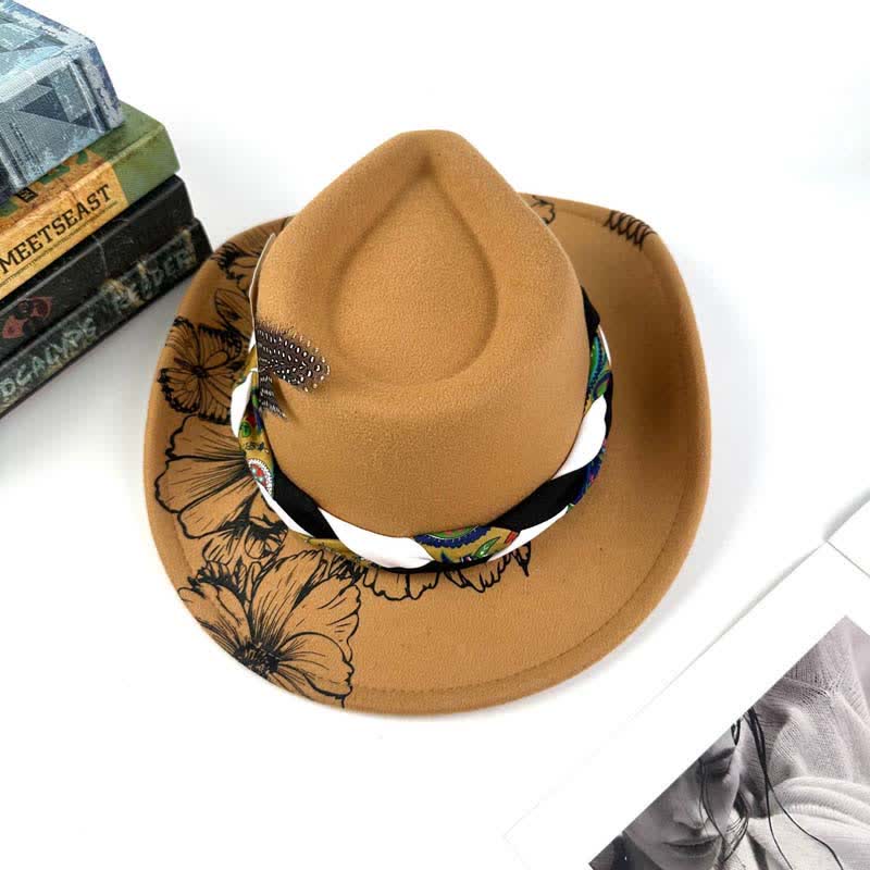 Cappello da cowboy con cinturino etnico decorato con piume di girasole occidentali