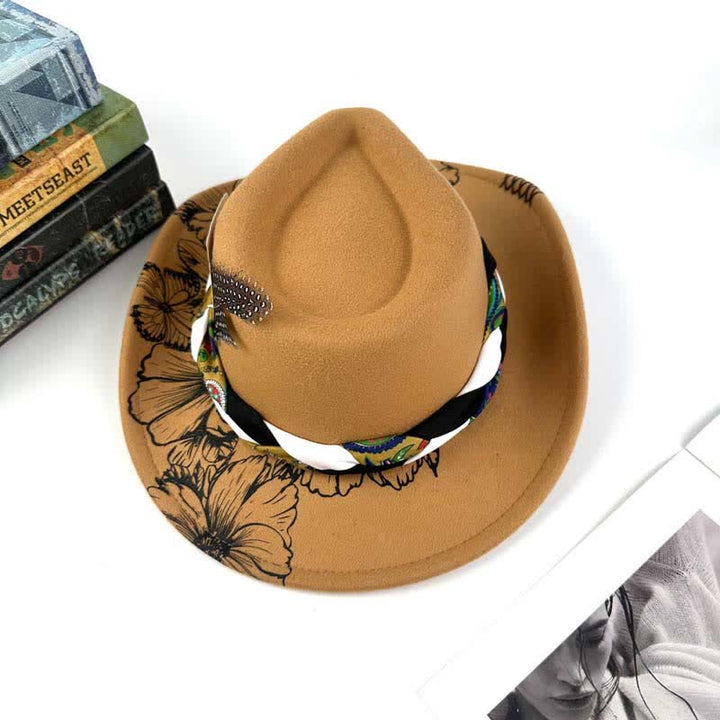 Cappello da cowboy con cinturino etnico decorato con piume di girasole occidentali