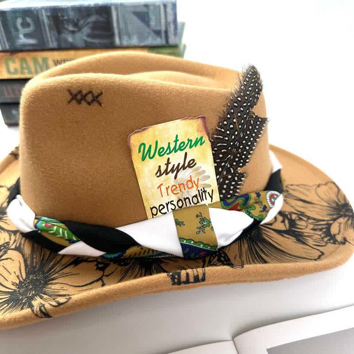 Cappello da cowboy con cinturino etnico decorato con piume di girasole occidentali