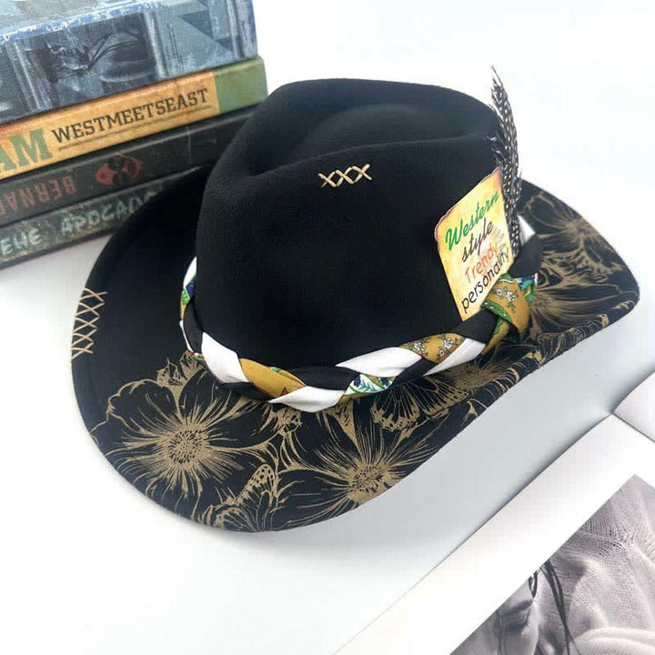 Cappello da cowboy con cinturino etnico decorato con piume di girasole occidentali