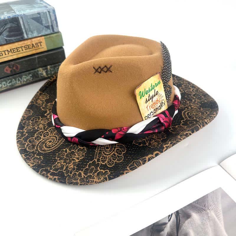 Cappello da cowboy con cinturino etnico decorato con piume di margherite bicolore - Cachi - M (22"-22 7/8") - image 0
