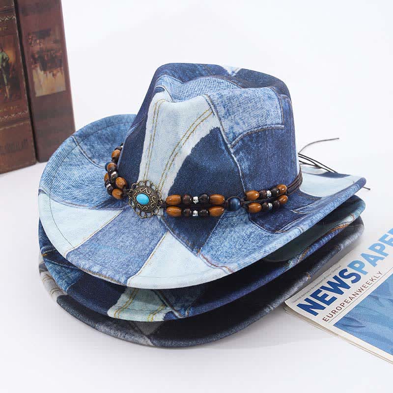 Cappello da cowboy in denim con fascia perline di legno e design color-block