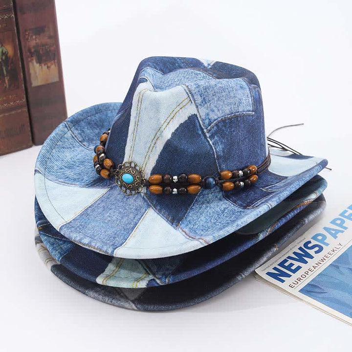 Cappello da cowboy in denim con fascia perline di legno e design color-block