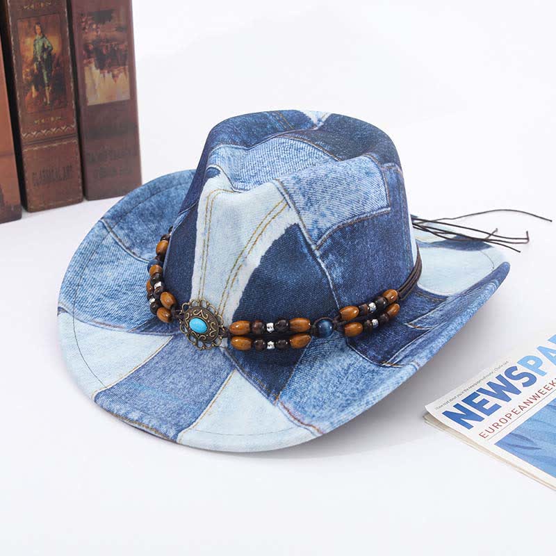 Cappello da cowboy in denim con fascia perline di legno e design color-block