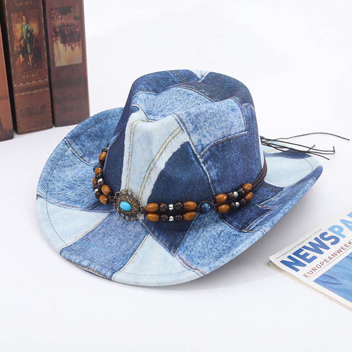 Cappello da cowboy in denim con fascia perline di legno e design color-block