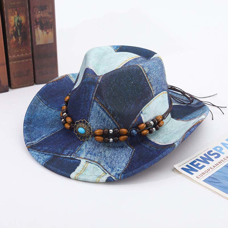 Cappello da cowboy in denim con fascia perline di legno e design color-block