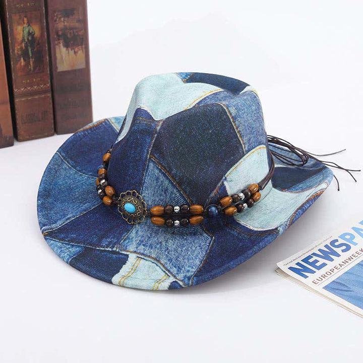 Cappello da cowboy in denim con fascia perline di legno e design color-block
