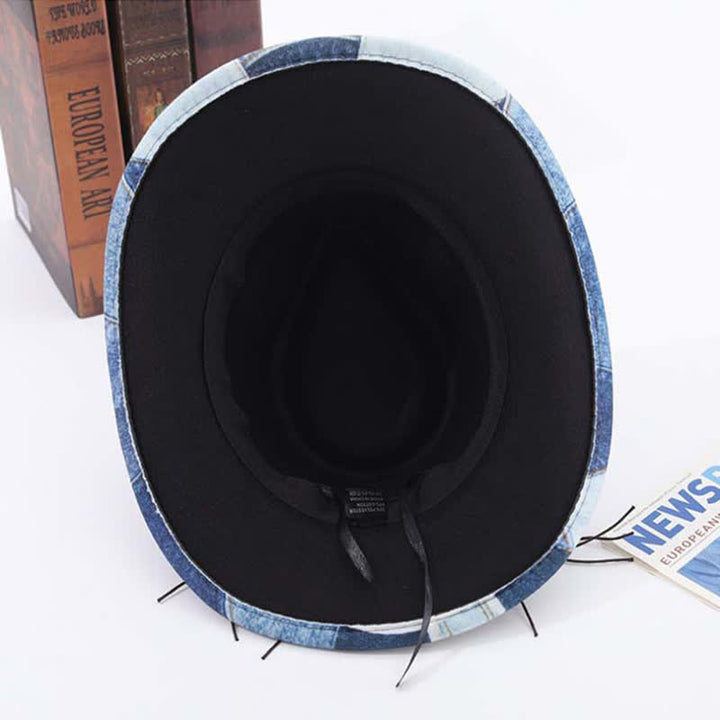 Cappello da cowboy in denim con fascia perline di legno e design color-block