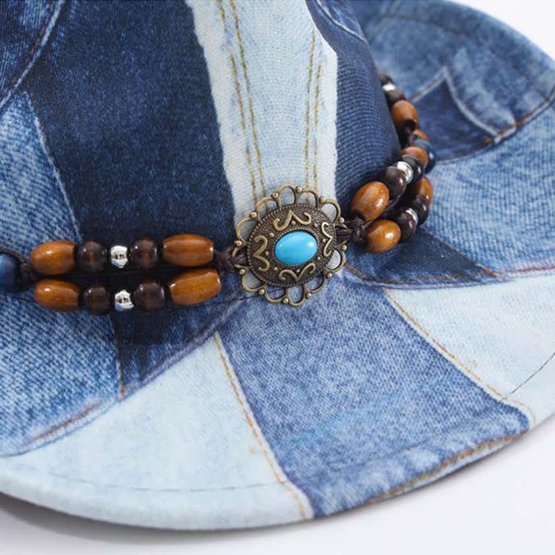 Cappello da cowboy in denim con fascia perline di legno e design color-block