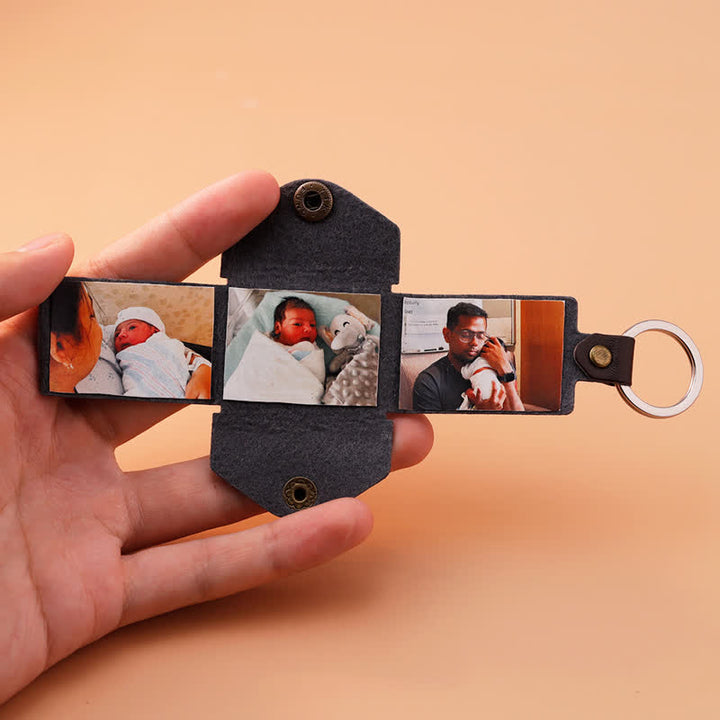 Portachiavi in pelle marrone con 3 foto incise e testo personalizzato