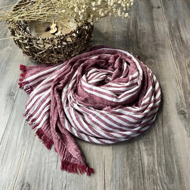 Sciarpa artistica plissettata in misto cotone sottile con motivo a strisce classiche - Vino rosso - image 5