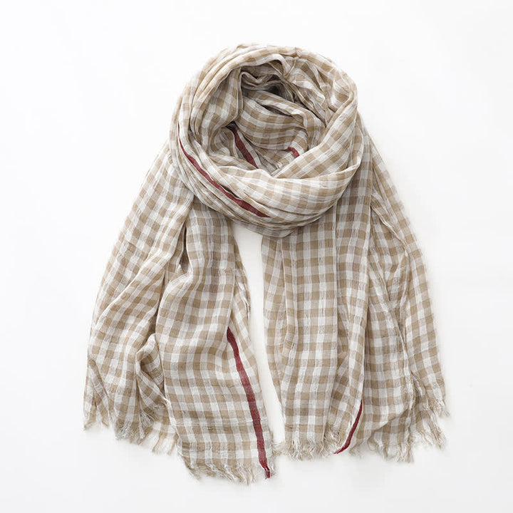 Sciarpa casual in lino e cotone sottile con nappa a quadri - Cachi - image 4