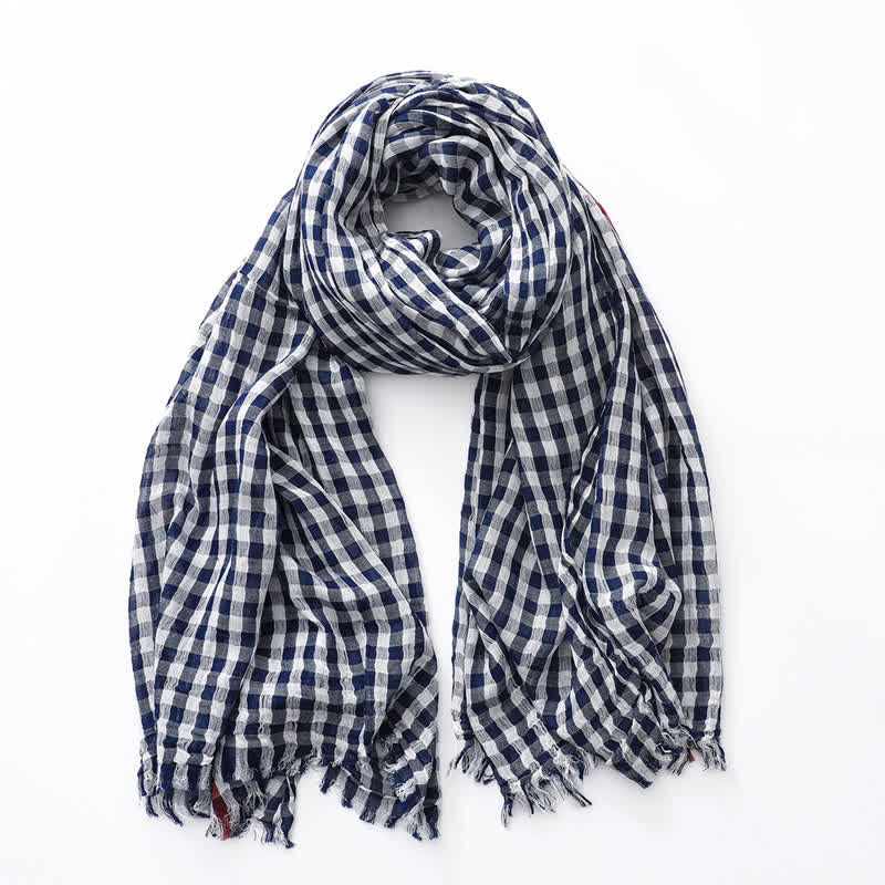 Sciarpa casual in lino e cotone sottile con nappa a quadri - Marina - image 3
