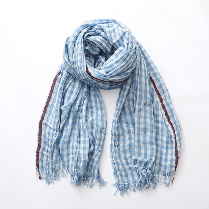 Sciarpa casual in lino e cotone sottile con nappa a quadri - Cielo azzurro - image 0