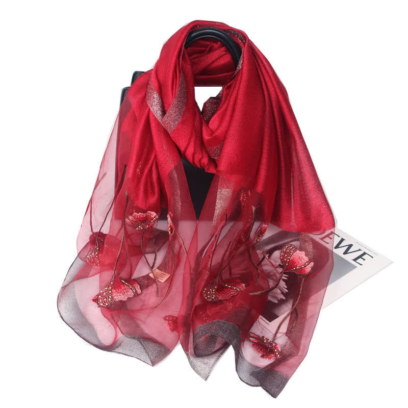 Sciarpa da donna in lana e seta con perline ricamate a mano e motivi floreali - Rosso scuro - image 13