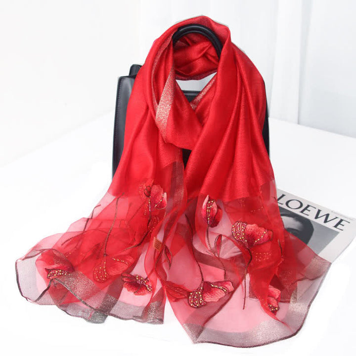 Sciarpa da donna in lana e seta con perline ricamate a mano e motivi floreali - Rosso - image 7