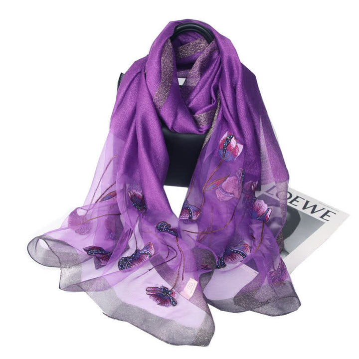 Sciarpa da donna in lana e seta con perline ricamate a mano e motivi floreali - Viola scuro - image 12