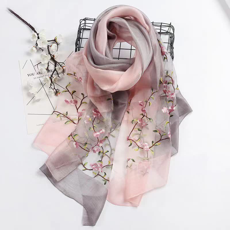 Sciarpa da donna in lana e seta con motivo floreale e vegetale ricamata a mano bicolore - Grigio e rosa - image 3
