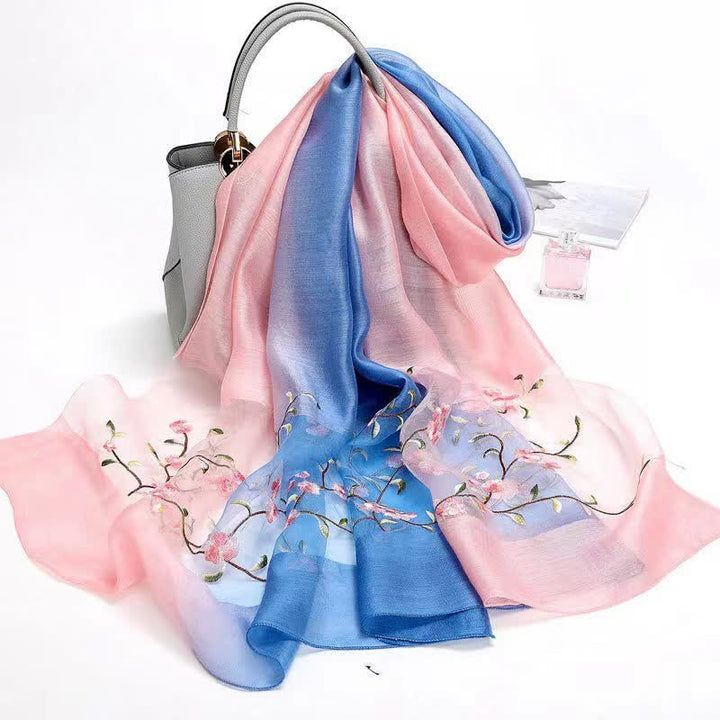 Sciarpa da donna in lana e seta con motivo floreale e vegetale ricamata a mano bicolore - Blu e rosa - image 0