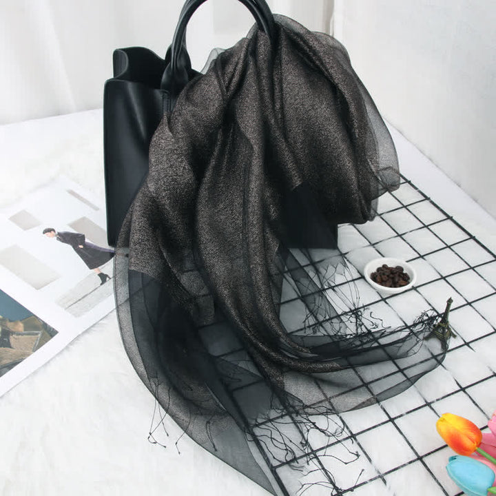 Sciarpa in organza di seta con nappe luccicanti a doppio strato da donna - Nero - image 7