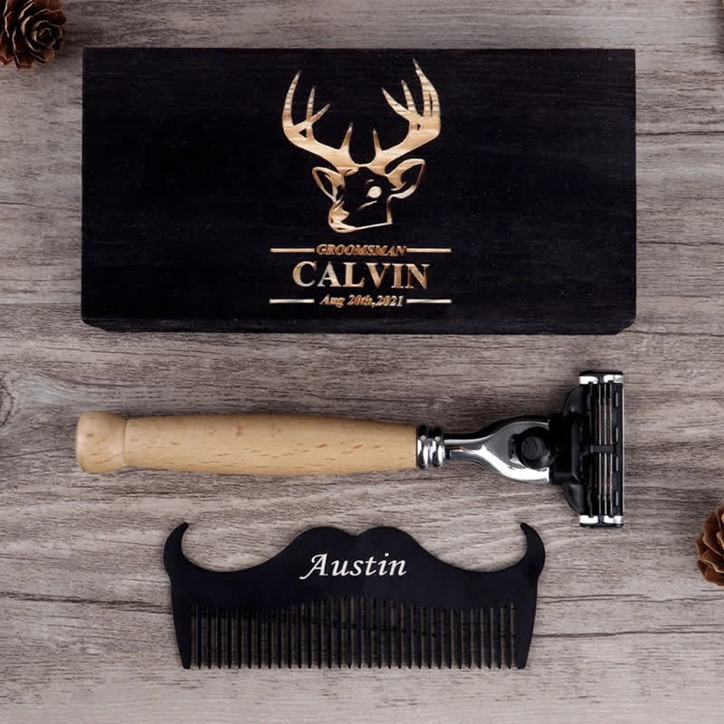 Set di 3 rasoi da sposo con nome personalizzato, souvenir, con scatola di legno - 3 pezzi - image 1