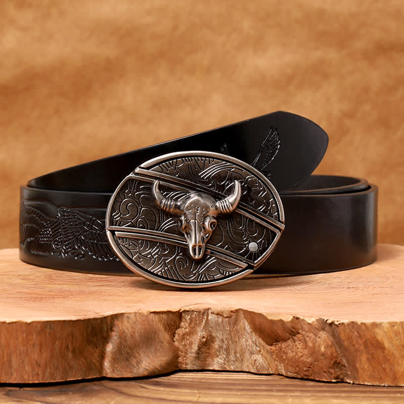 Cintura in pelle con coltello pieghevole nascosto Longhorn Bull fai da te da uomo - Toro dalle corna lunghe - Cintura con aquila in rilievo nera - 42 - image 10