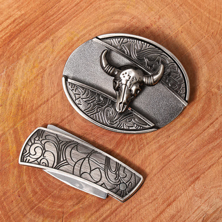 Cintura in pelle con coltello pieghevole nascosto Longhorn Bull fai da te da uomo