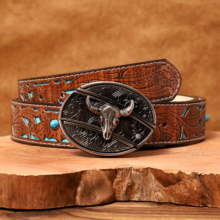 Cintura in pelle con coltello pieghevole nascosto Longhorn Bull fai da te da uomo - Toro dalle corna lunghe - Cintura intagliata turchese - 42 - image 9