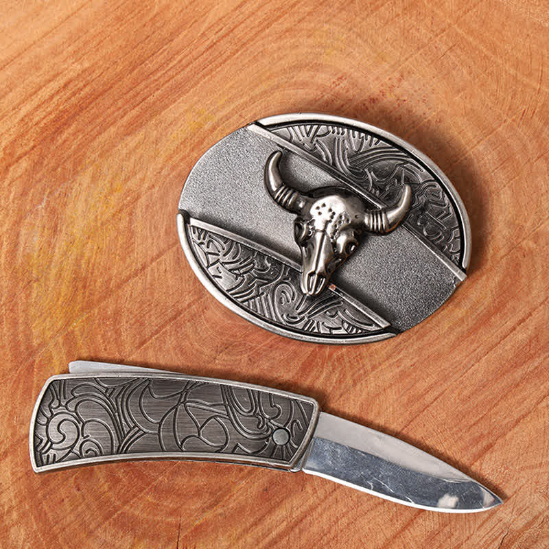 Cintura in pelle con coltello pieghevole nascosto Longhorn Bull fai da te da uomo