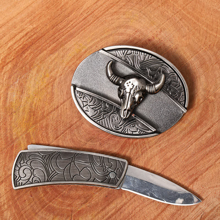 Cintura in pelle con coltello pieghevole nascosto Longhorn Bull fai da te da uomo