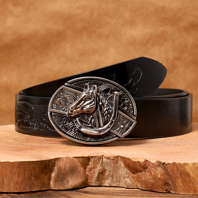 Cintura in pelle con coltello pieghevole nascosto a forma di testa di cavallo fai da te da uomo - Testa di cavallo - Cintura con aquila in rilievo nera - 42 - image 8