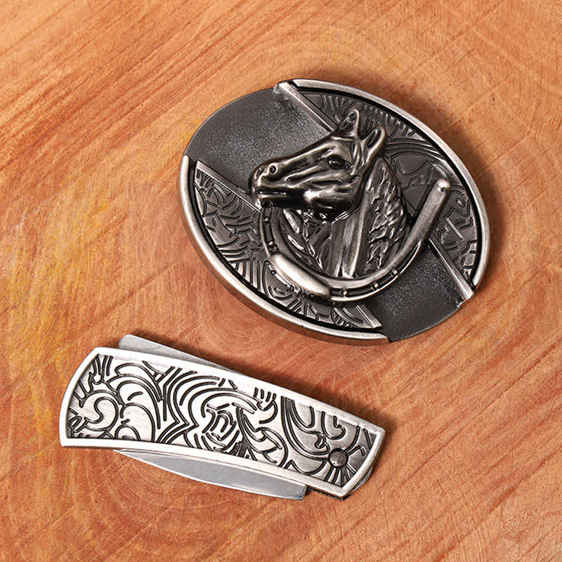 Cintura in pelle con coltello pieghevole nascosto a forma di testa di cavallo fai da te da uomo - image 5