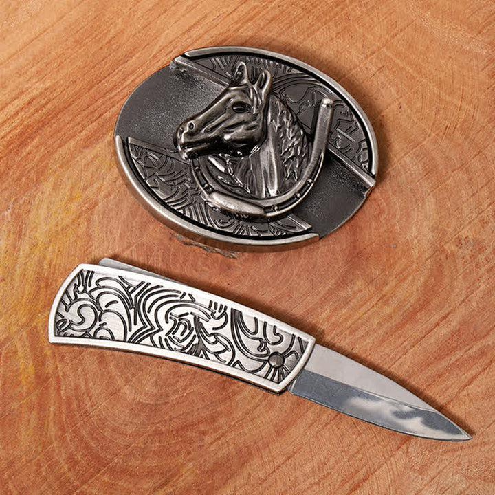 Cintura in pelle con coltello pieghevole nascosto a forma di testa di cavallo fai da te da uomo