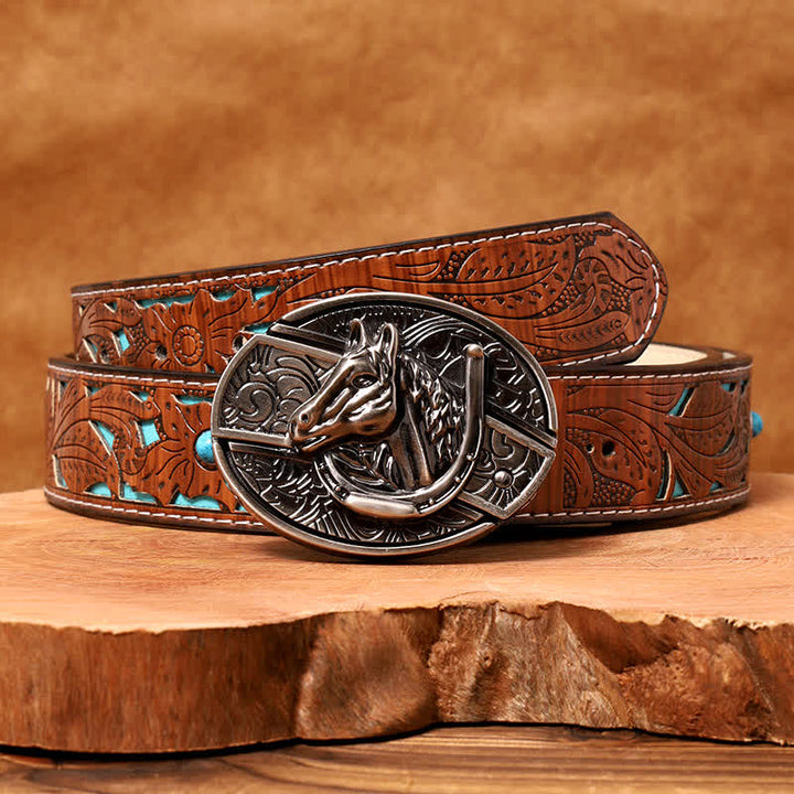 Cintura in pelle con coltello pieghevole nascosto a forma di testa di cavallo fai da te da uomo - Testa di cavallo - Cintura intagliata turchese - 42 - image 7