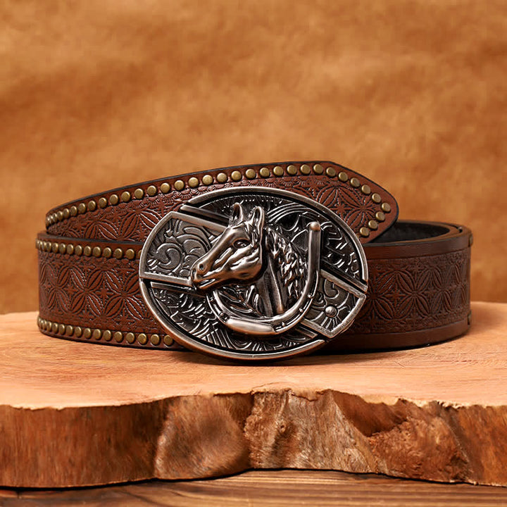 Cintura in pelle con coltello pieghevole nascosto a forma di testa di cavallo fai da te da uomo