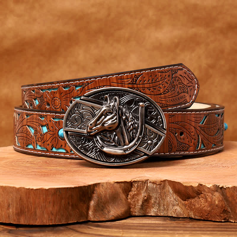 Cintura in pelle con coltello pieghevole nascosto a forma di testa di cavallo fai da te da uomo - Testa di cavallo - Cintura intagliata turchese - 42 - image 7