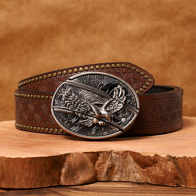 Cintura in pelle con coltello pieghevole nascosto Soaring Eagle fai da te da uomo - Aquila in volo - Cintura con rivetti marroni - 42 - image 9
