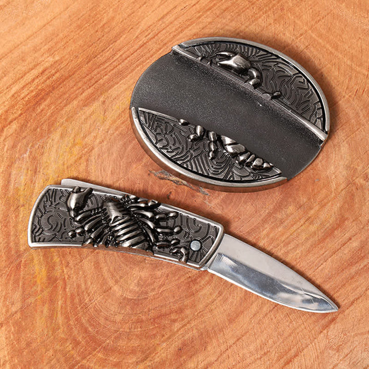 Cintura in pelle con coltello pieghevole nascosto Scorpion fai da te da uomo