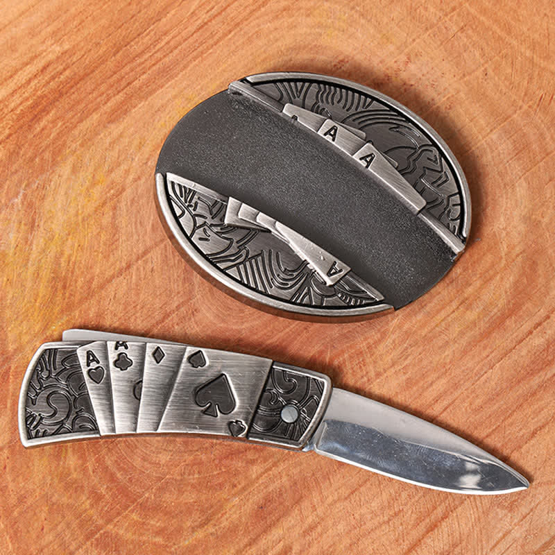 Cintura in pelle con coltello pieghevole nascosto fai da te Poker 4 Ace da uomo - image 1