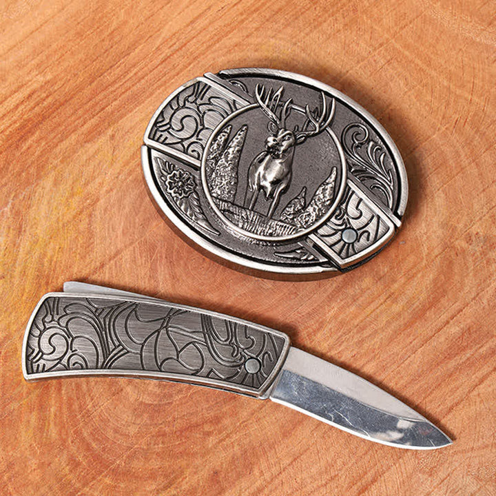 Cintura in pelle con coltello pieghevole nascosto fai da te da uomo, stile cervo nella foresta