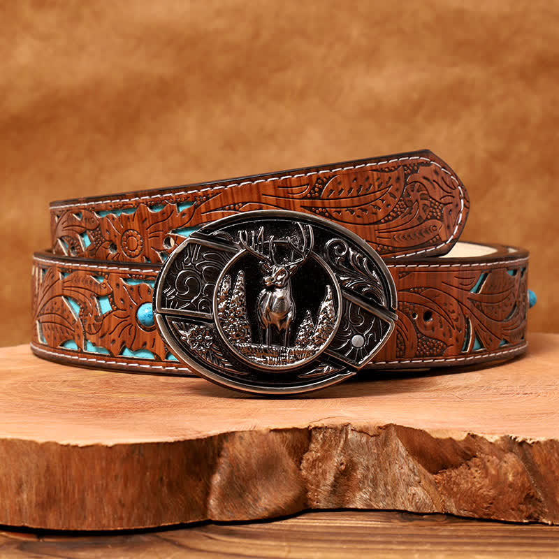 Cintura in pelle con coltello pieghevole nascosto fai da te da uomo, stile cervo nella foresta